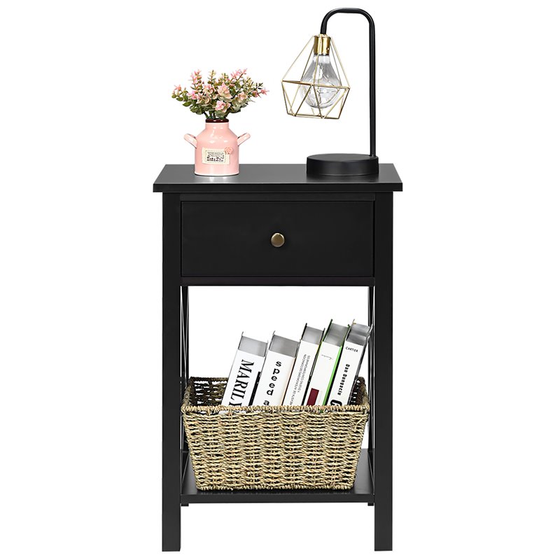 Costway Contemporary MDF Nightstand with Drawer and Shelf in Black