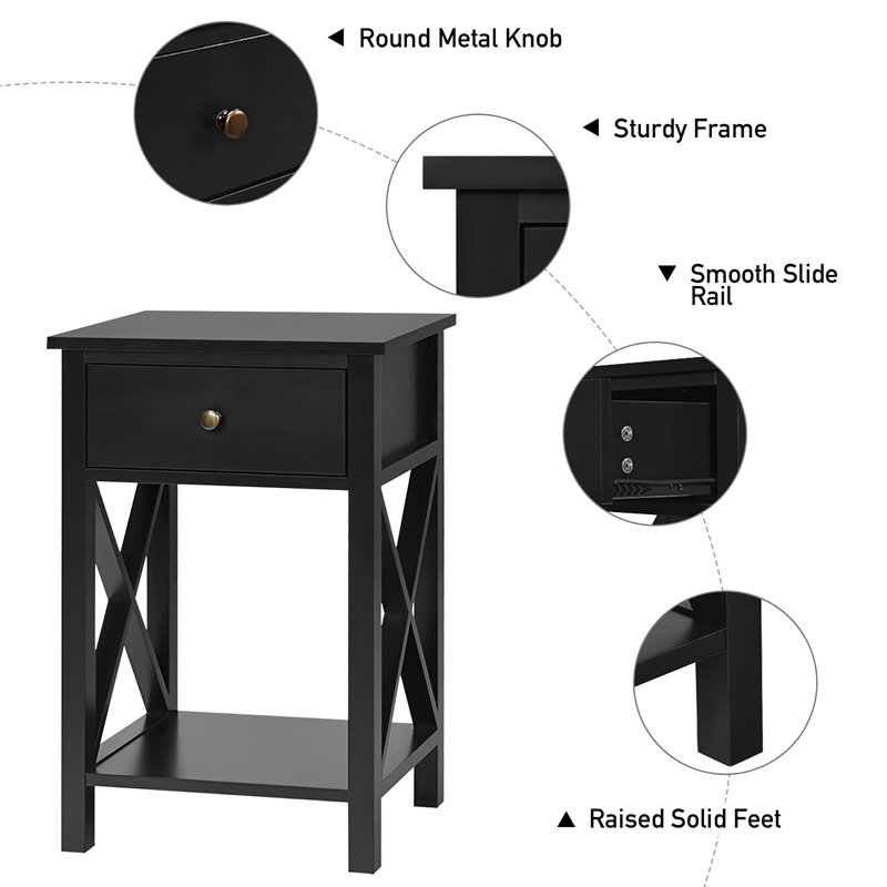 Costway Contemporary MDF Nightstand with Drawer and Shelf in Black