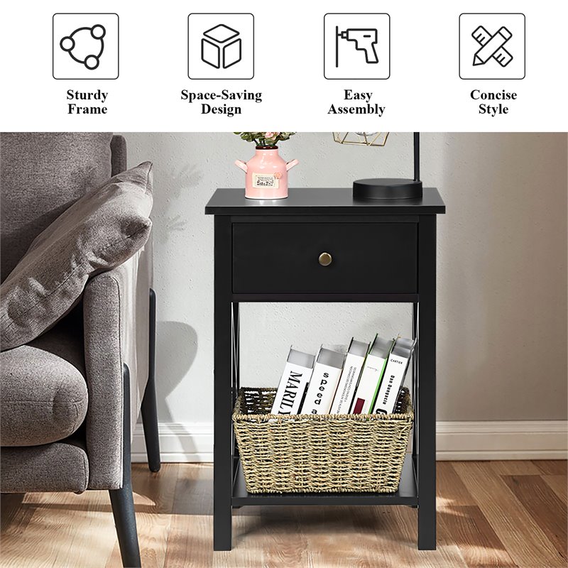 Costway Contemporary MDF Nightstand with Drawer and Shelf in Black