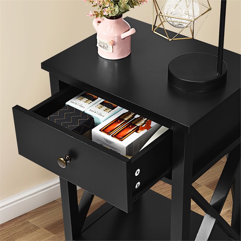 Costway Contemporary MDF Nightstand with Drawer and Shelf in Black