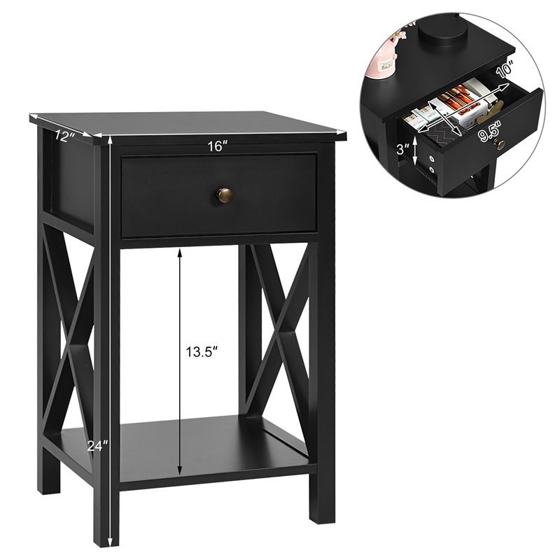 Costway Contemporary MDF Nightstand with Drawer and Shelf in Black
