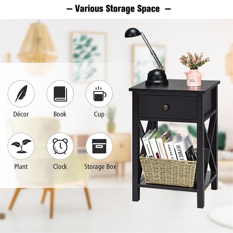 Costway Contemporary MDF Nightstand with Drawer and Shelf in Brown