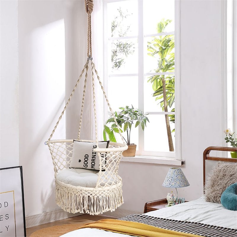 Costway Iron Polyester Hammock Swing Chair with Cotton Backrest in Beige