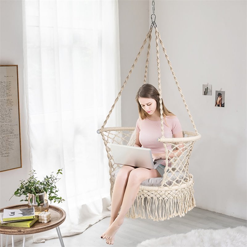 Costway Iron Polyester Hammock Swing Chair with Cotton Backrest in Beige