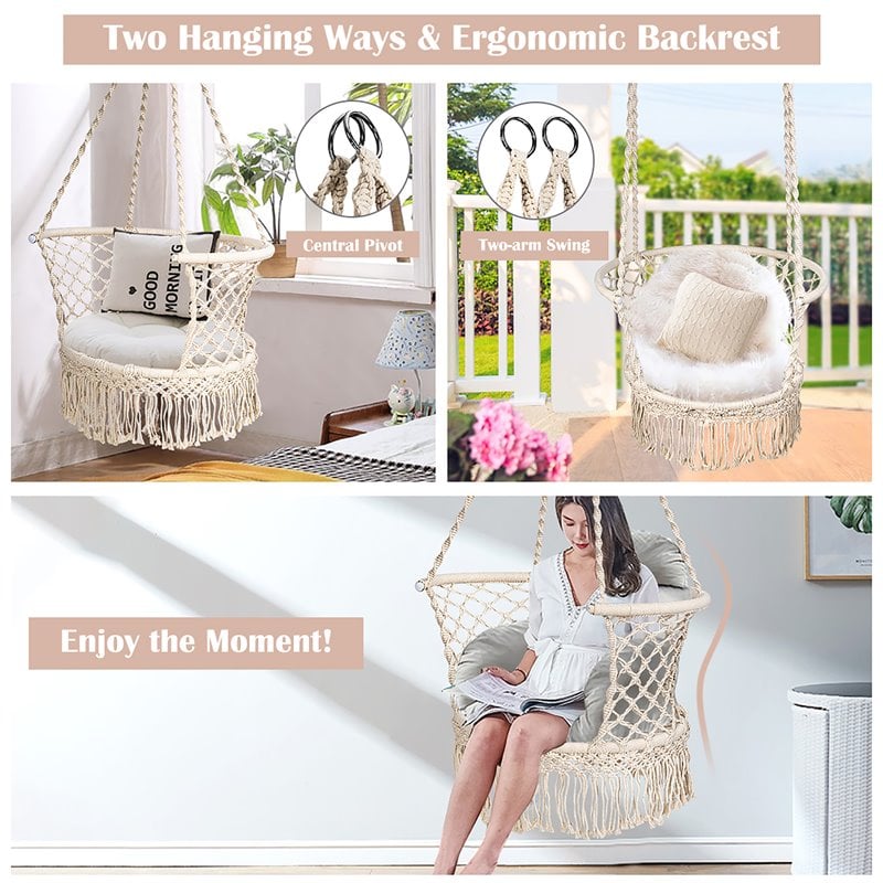 Costway Iron Polyester Hammock Swing Chair with Cotton Backrest in Beige