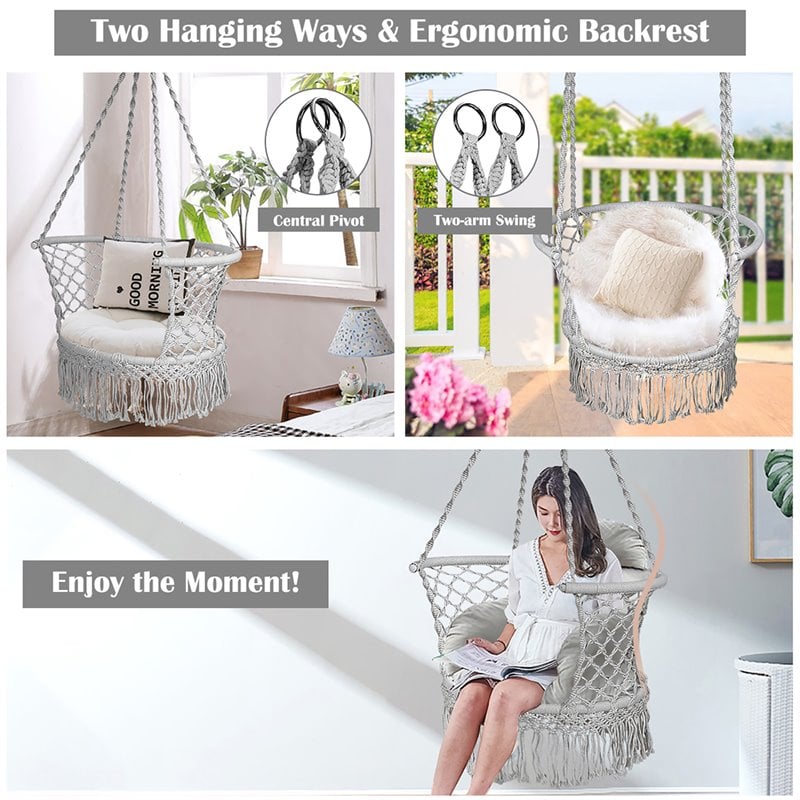 Costway Iron Polyester Hammock Swing Chair with Cotton Rope in Gray