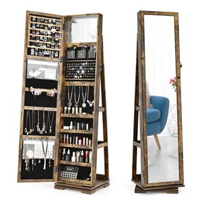 Costway 2-in-1 Rotatable Jewelry Cabinet/Lockable Mirrored Organizer in Coffee