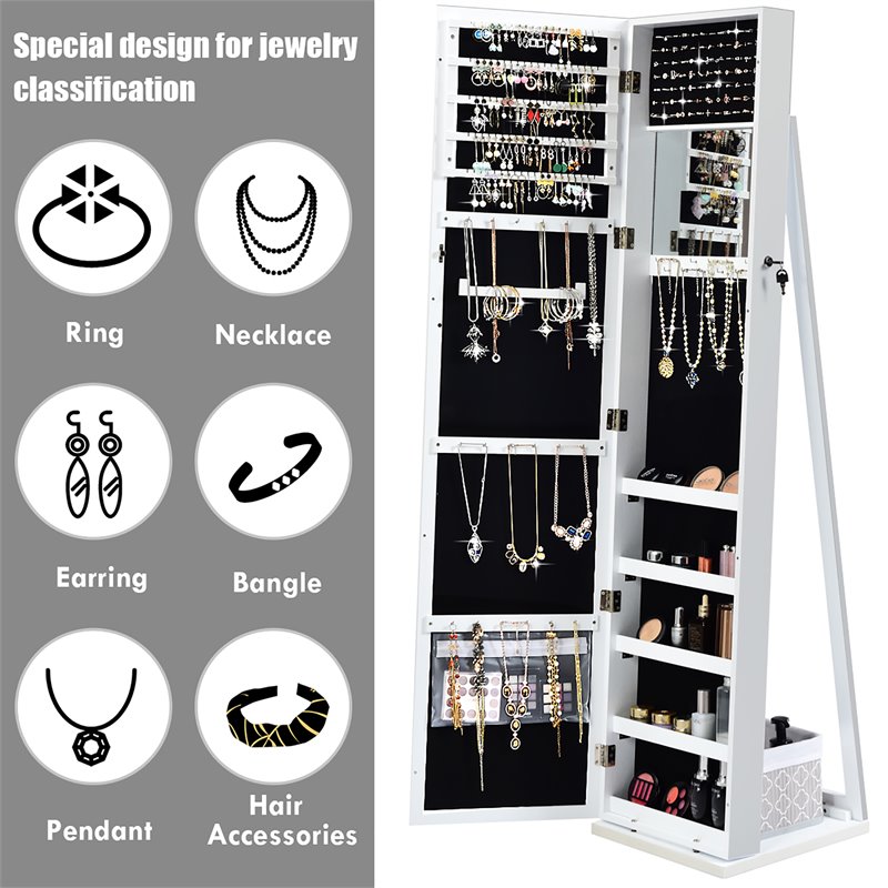 Costway Mirrored Jewelry Cabinet Lockable Standing Storage Organizer in White