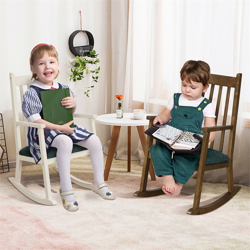 Costway Wooden Rocking Chair with Cushion in White-Peacock Blue