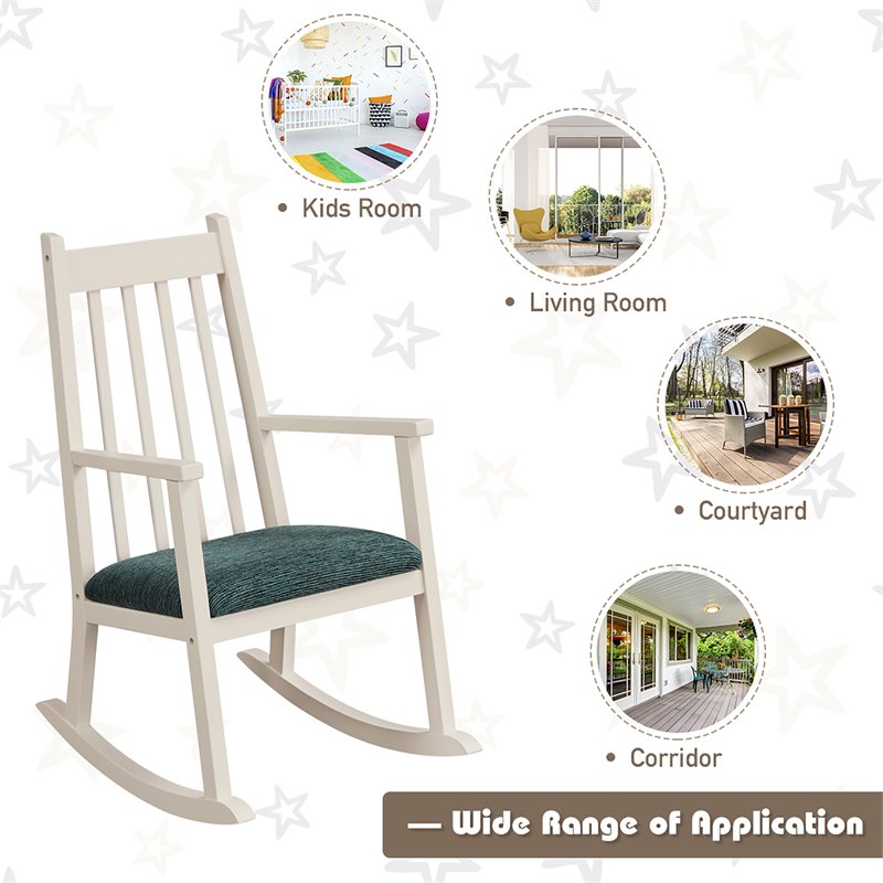 Costway Wooden Rocking Chair with Cushion in White-Peacock Blue