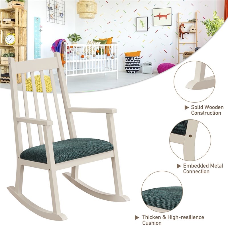 Costway Wooden Rocking Chair with Cushion in White-Peacock Blue