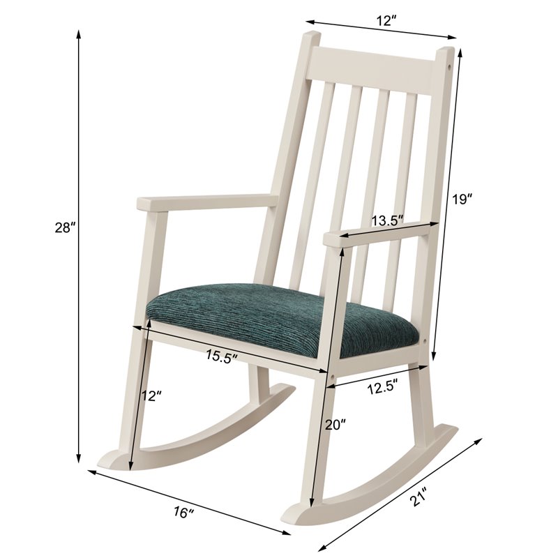 Costway Wooden Rocking Chair with Cushion in White-Peacock Blue