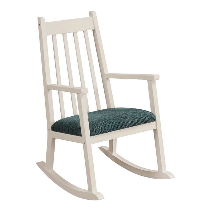 Costway Wooden Rocking Chair with Cushion in White-Peacock Blue