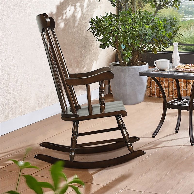 Costway Solid Wood Indoor/Outdoor Porch Rocking Chair in Glossy Coffee