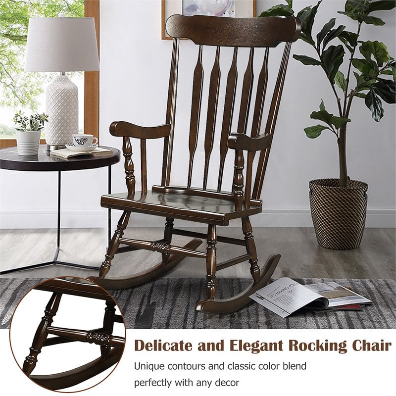 Costway Solid Wood Indoor/Outdoor Porch Rocking Chair in Glossy Coffee