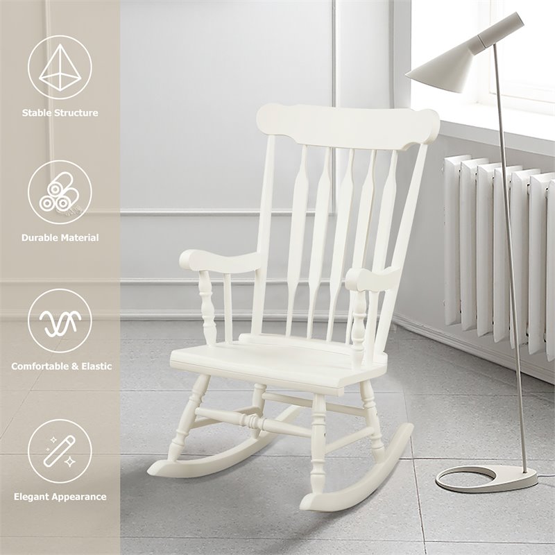 Costway Solid Wood Indoor/Outdoor Porch Rocking Chair in Glossy White