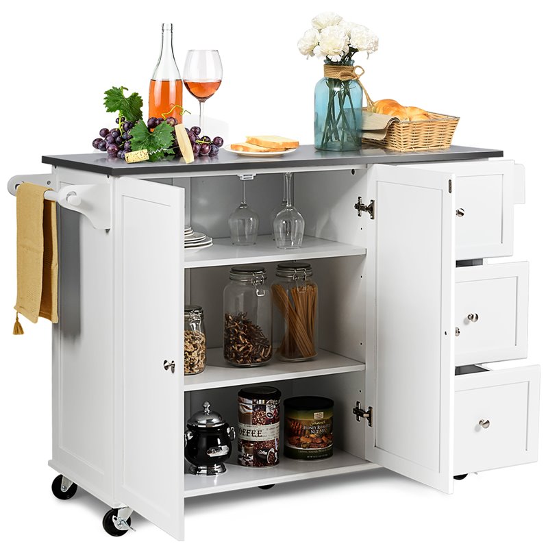 Costway 2-Door Stainless Steel Top Kitchen Island Storage Cabinet in White