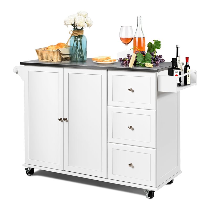 Costway 2-Door Stainless Steel Top Kitchen Island Storage Cabinet in White