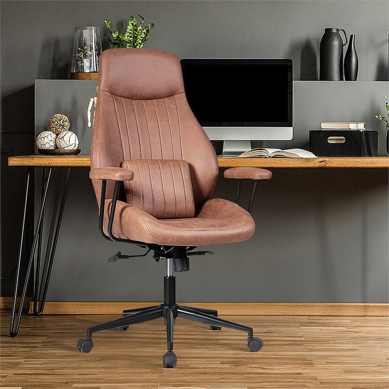 Costway Adjustable High Back Suede Office Task Chair with Lumbar in Brown