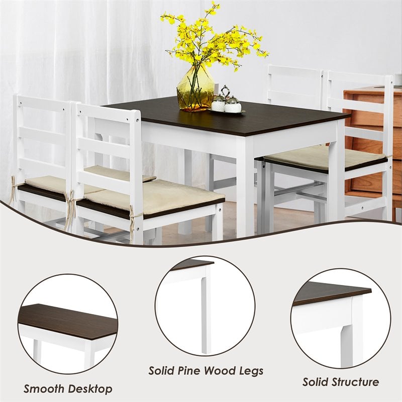 Costway 5-piece Compact Solid Wood Dining Set with Table & 4 Chairs in Walnut