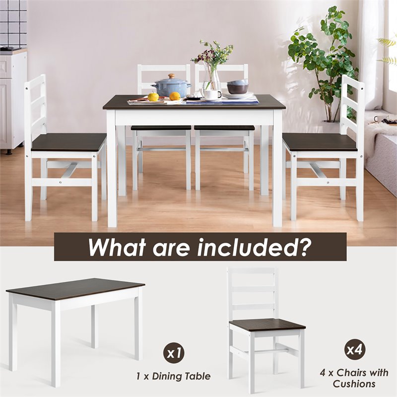 Costway 5-piece Compact Solid Wood Dining Set with Table & 4 Chairs in Walnut