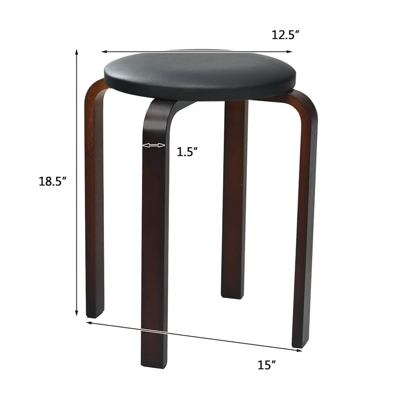 Costway Round Bentwood and PU Leather Stool with Padded Seat in Black (Set of 4)