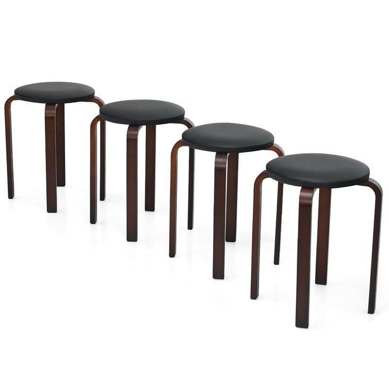 Costway Round Bentwood and PU Leather Stool with Padded Seat in Black (Set of 4)