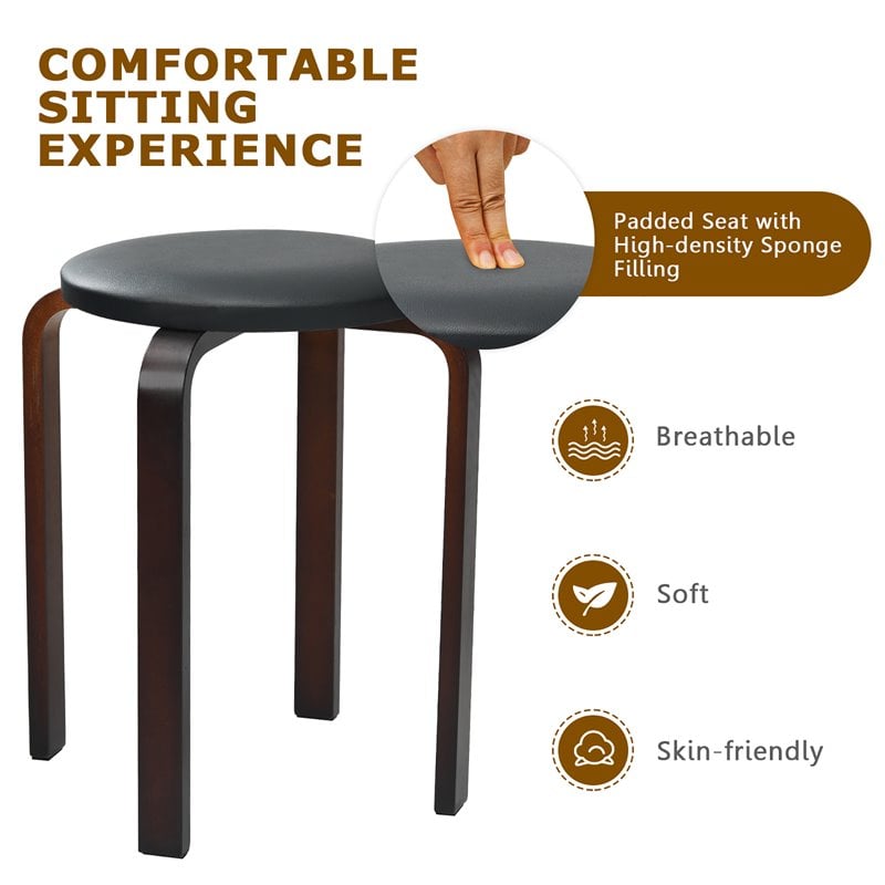 Costway Round Bentwood and PU Leather Stool with Padded Seat in Black (Set of 4)