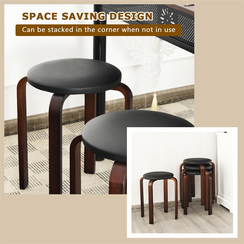 Costway Round Bentwood and PU Leather Stool with Padded Seat in Black (Set of 4)