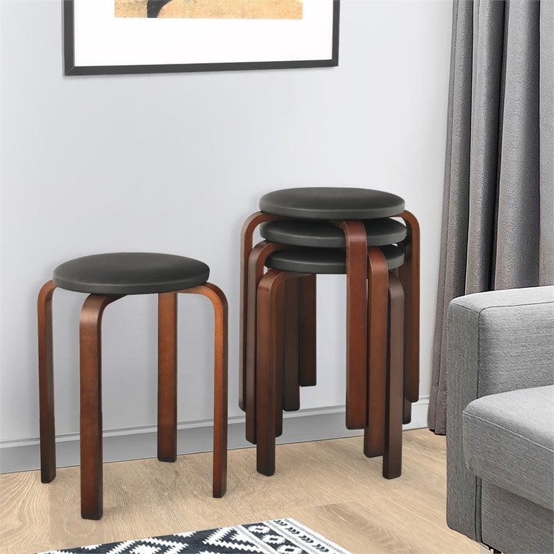 Costway Round Bentwood and PU Leather Stool with Padded Seat in Black (Set of 4)