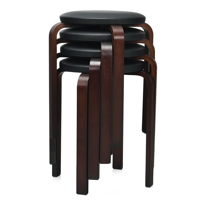 Costway Round Bentwood and PU Leather Stool with Padded Seat in Black (Set of 4)