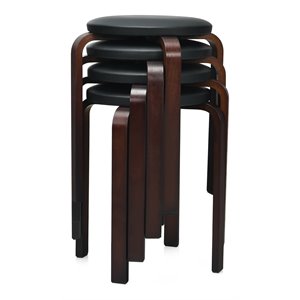costway round bentwood and pu leather stool with padded seat in black (set of 4)