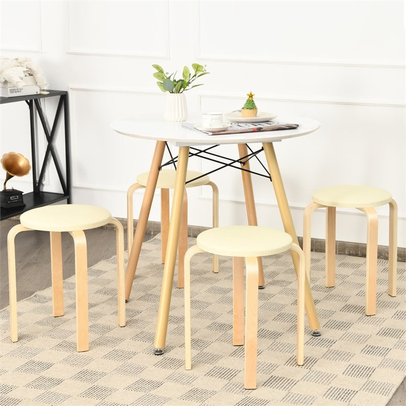 Costway Round Bentwood and PU Leather Stool with Padded Seat in Beige (Set of 4)