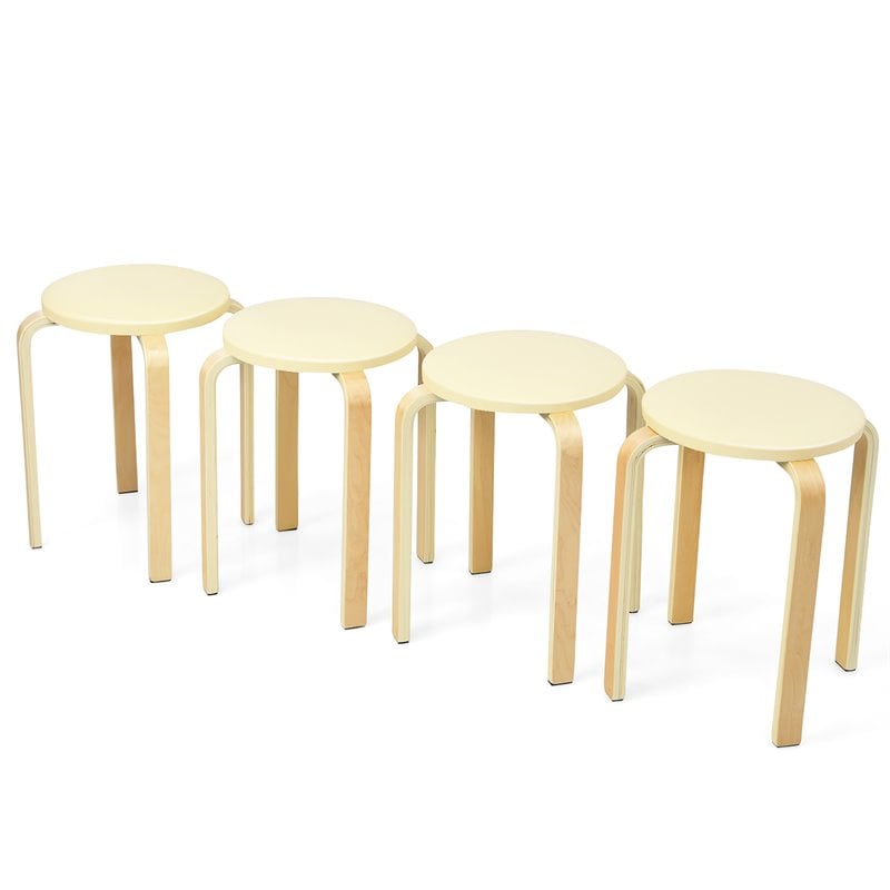 Costway Round Bentwood and PU Leather Stool with Padded Seat in Beige (Set of 4)