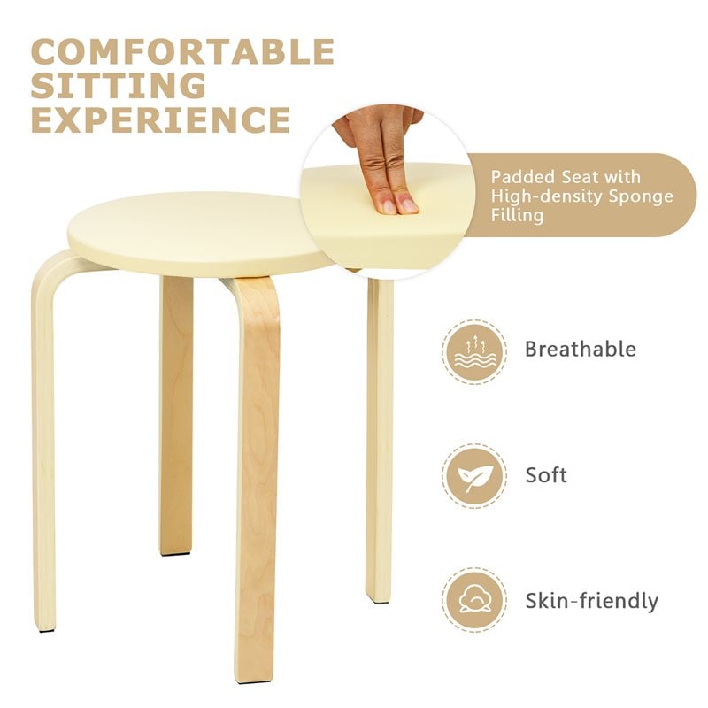 Costway Round Bentwood and PU Leather Stool with Padded Seat in Beige (Set of 4)