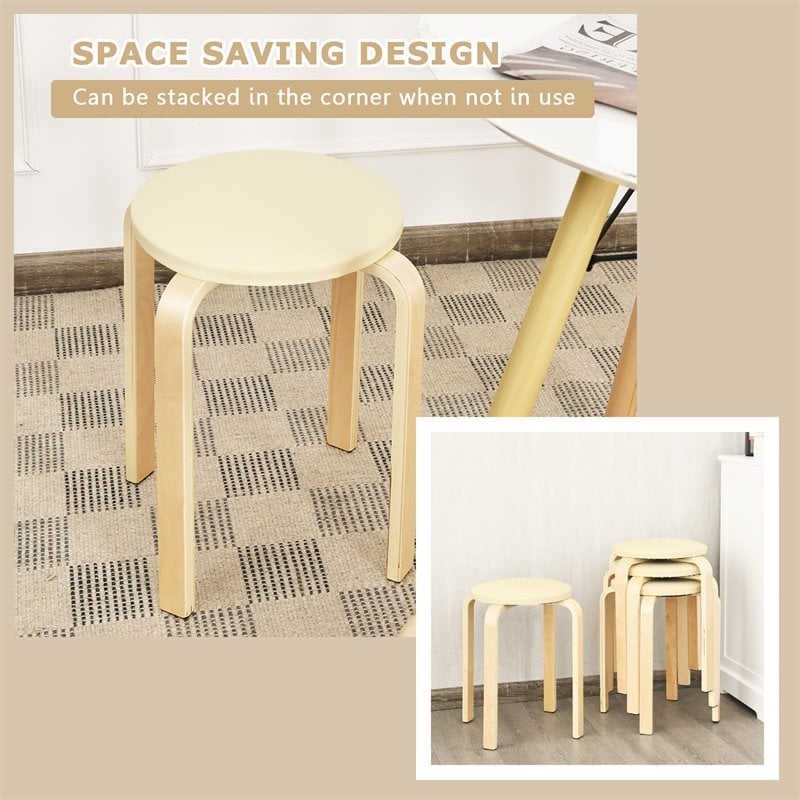 Costway Round Bentwood and PU Leather Stool with Padded Seat in Beige (Set of 4)