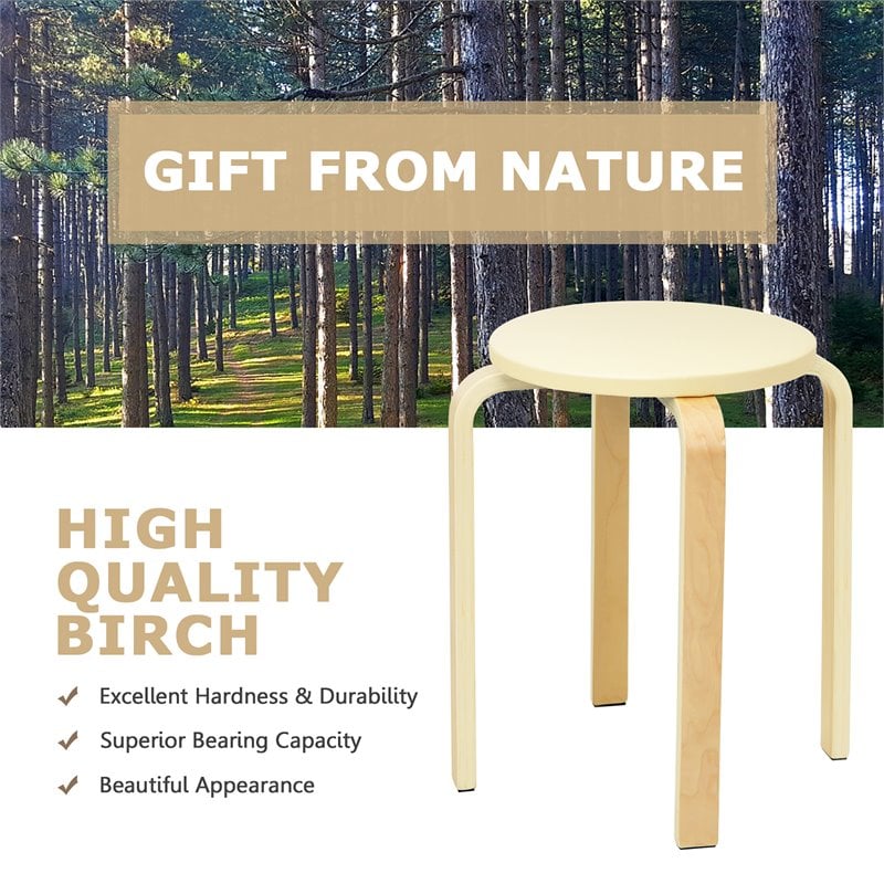 Costway Round Bentwood and PU Leather Stool with Padded Seat in Beige (Set of 4)