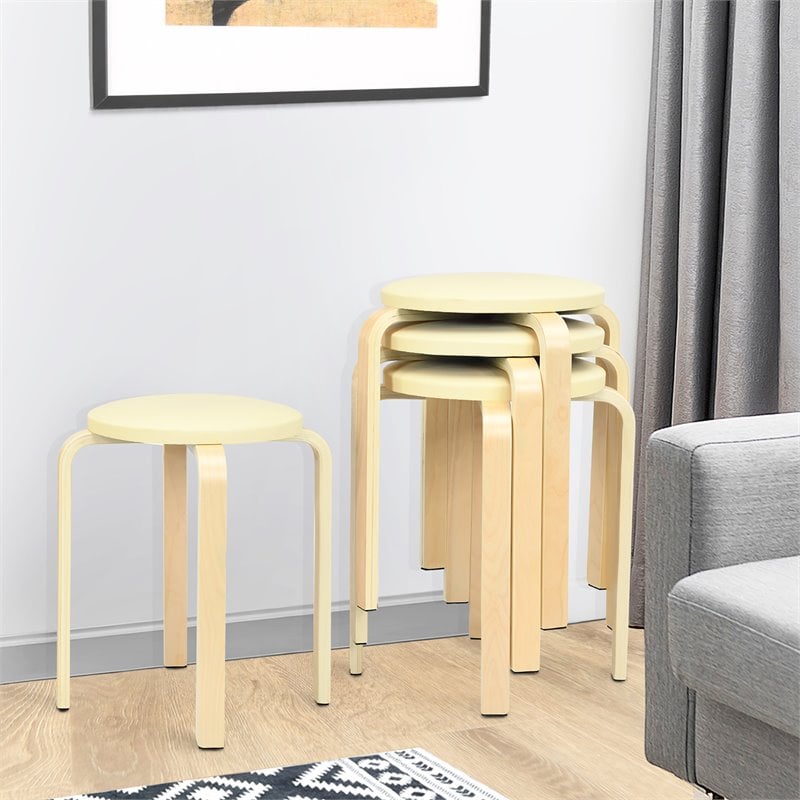 Costway Round Bentwood and PU Leather Stool with Padded Seat in Beige (Set of 4)