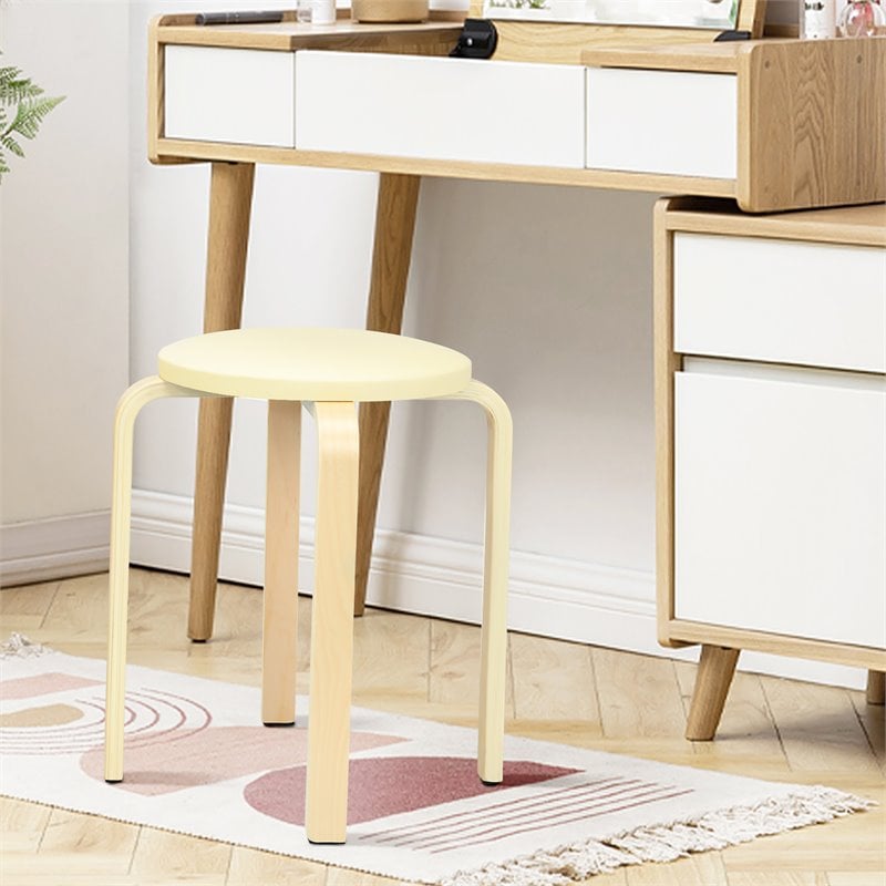 Costway Round Bentwood and PU Leather Stool with Padded Seat in Beige (Set of 4)