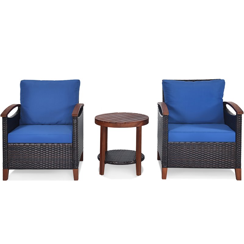 Costway 3-piece Contemporary Rattan Patio Furniture Set with Round Table in Blue