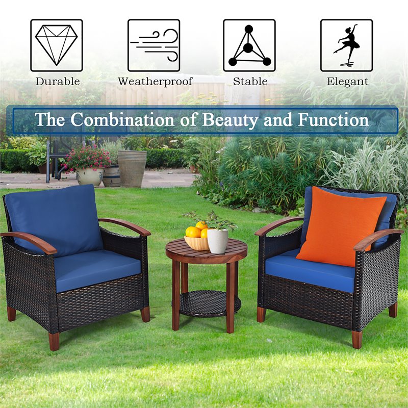 Costway 3-piece Contemporary Rattan Patio Furniture Set with Round Table in Blue