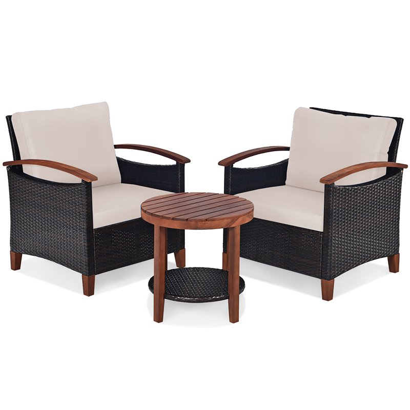 Costway 3-piece Rattan Patio Furniture Set with Wood Frame in Beige