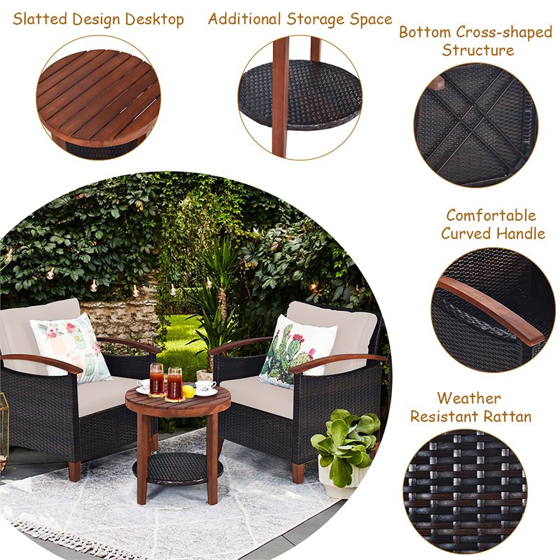 Costway 3-piece Rattan Patio Furniture Set with Wood Frame in Beige