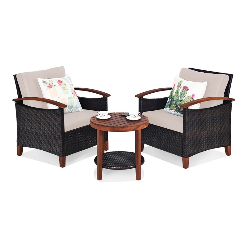 Costway 3-piece Rattan Patio Furniture Set with Wood Frame in Beige