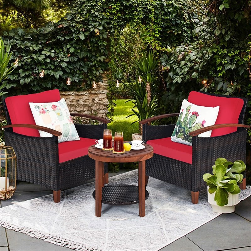 Costway 3-piece Rattan Patio Furniture Set with Wood Frame in Red