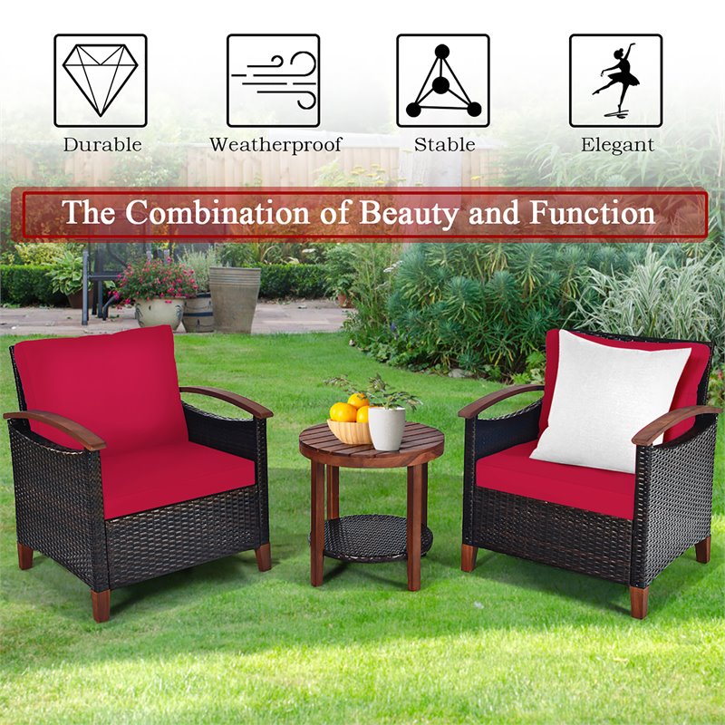 Costway 3-piece Rattan Patio Furniture Set with Wood Frame in Red