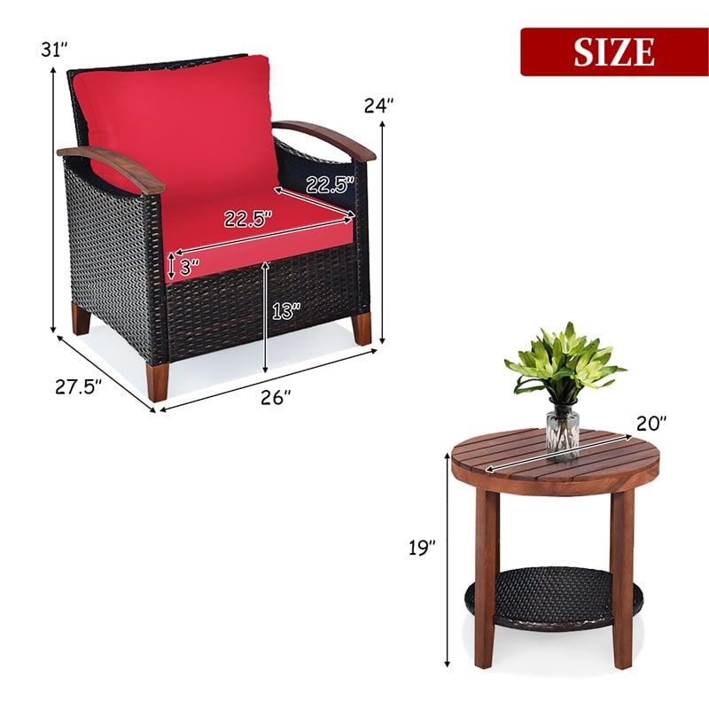 Costway 3-piece Rattan Patio Furniture Set with Wood Frame in Red