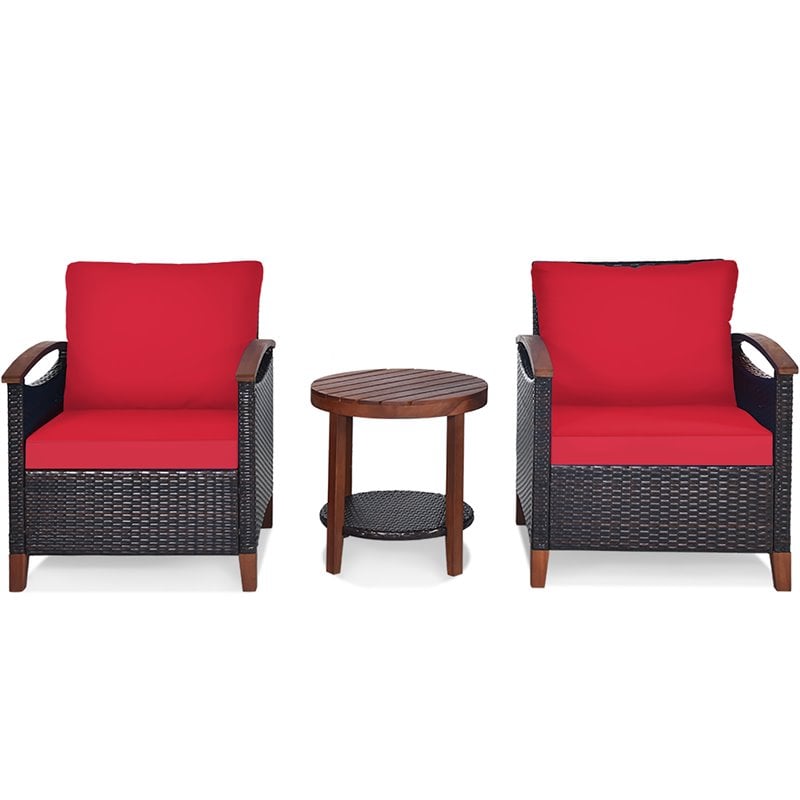 Costway 3-piece Rattan Patio Furniture Set with Wood Frame in Red