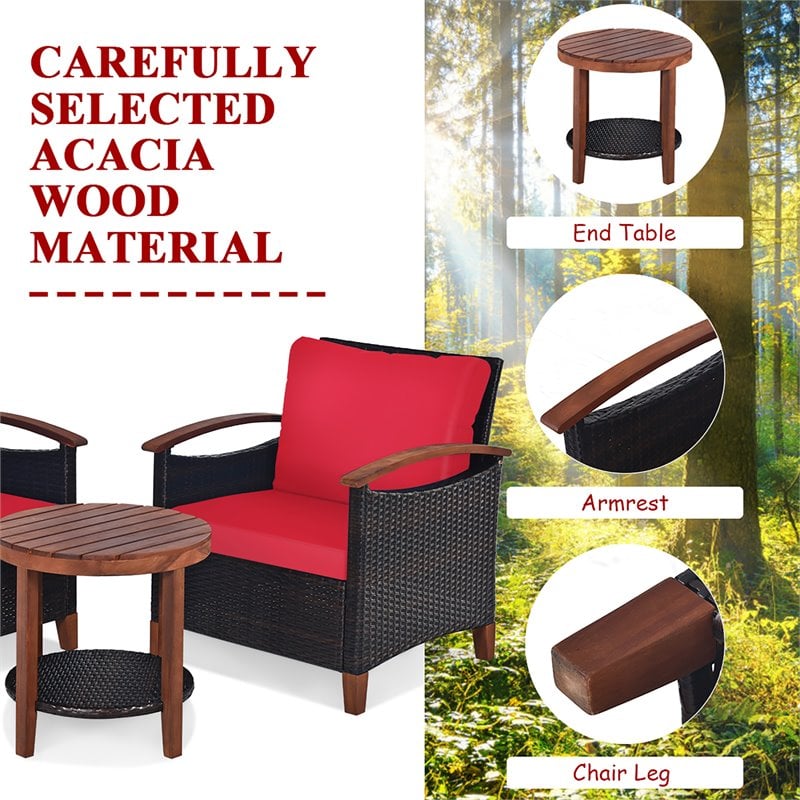 Costway 3-piece Rattan Patio Furniture Set with Wood Frame in Red