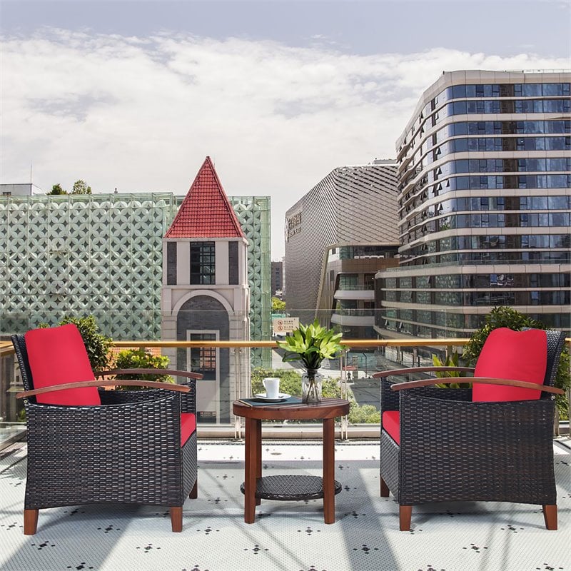 Costway 3-piece Rattan Patio Furniture Set with Wood Frame in Red